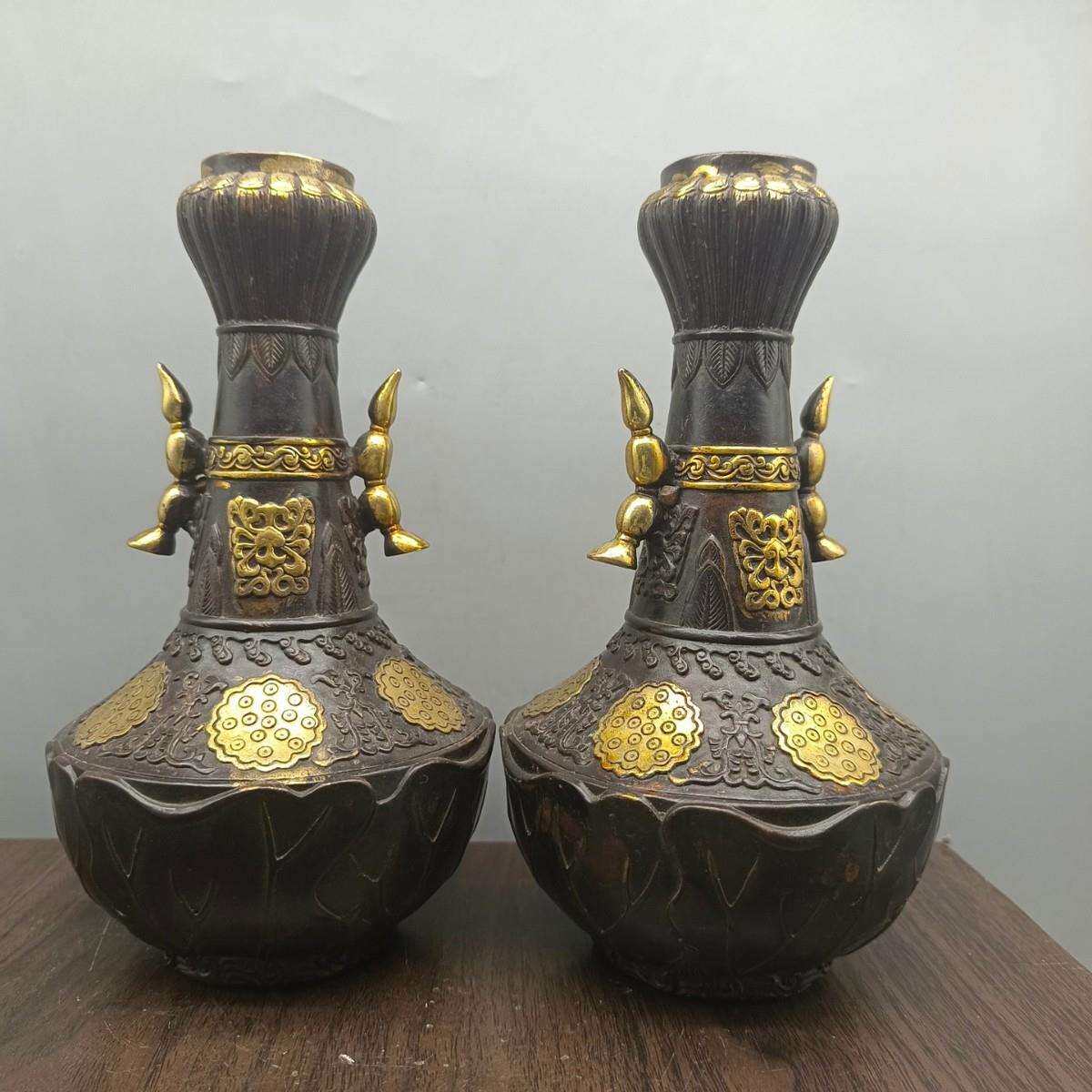 仿古葫芦花瓶铜器摆件古玩铜器瓶子一对居家桌面摆设工艺品