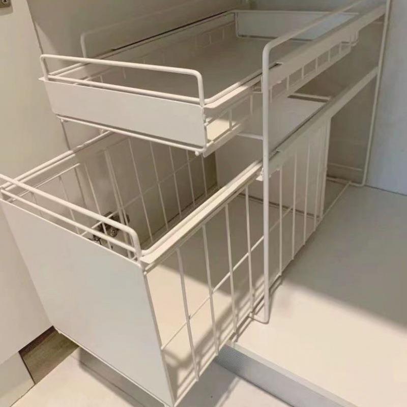 厨房抽拉橱柜收纳架落地储物架下水槽置物架伸缩多层收纳筐