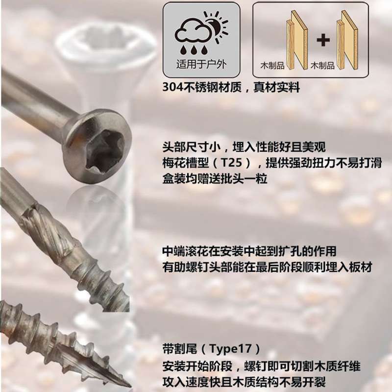 不锈钢304景观木螺丝M4 5 梅花槽割尾露台螺钉 wood screws
