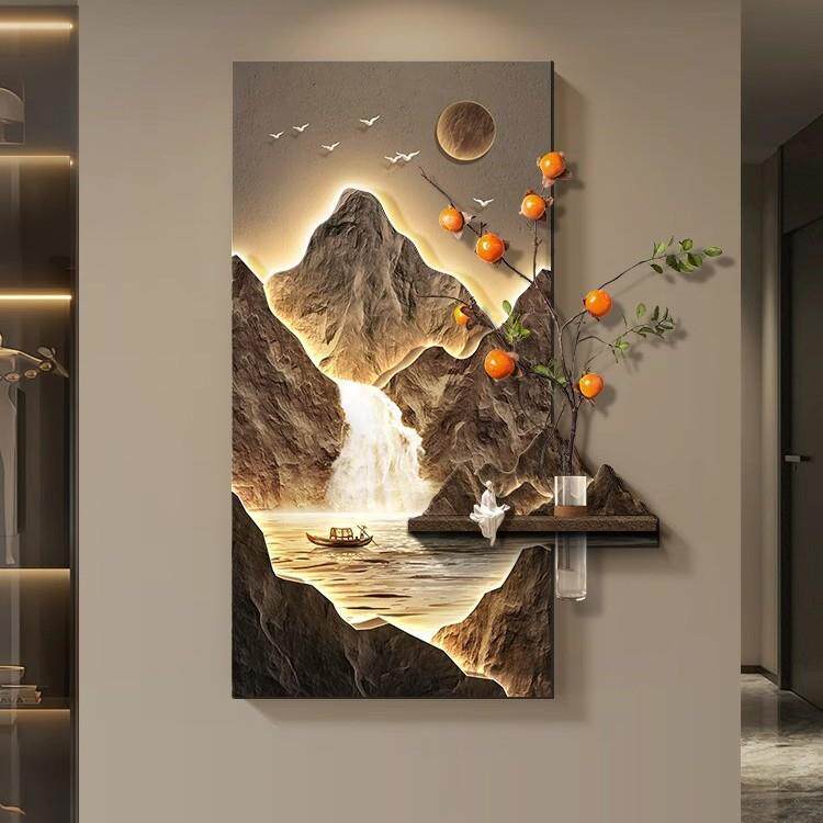 轻奢高级感入户门玄关装饰画聚宝盆靠山水画水培绿植走廊过道挂画