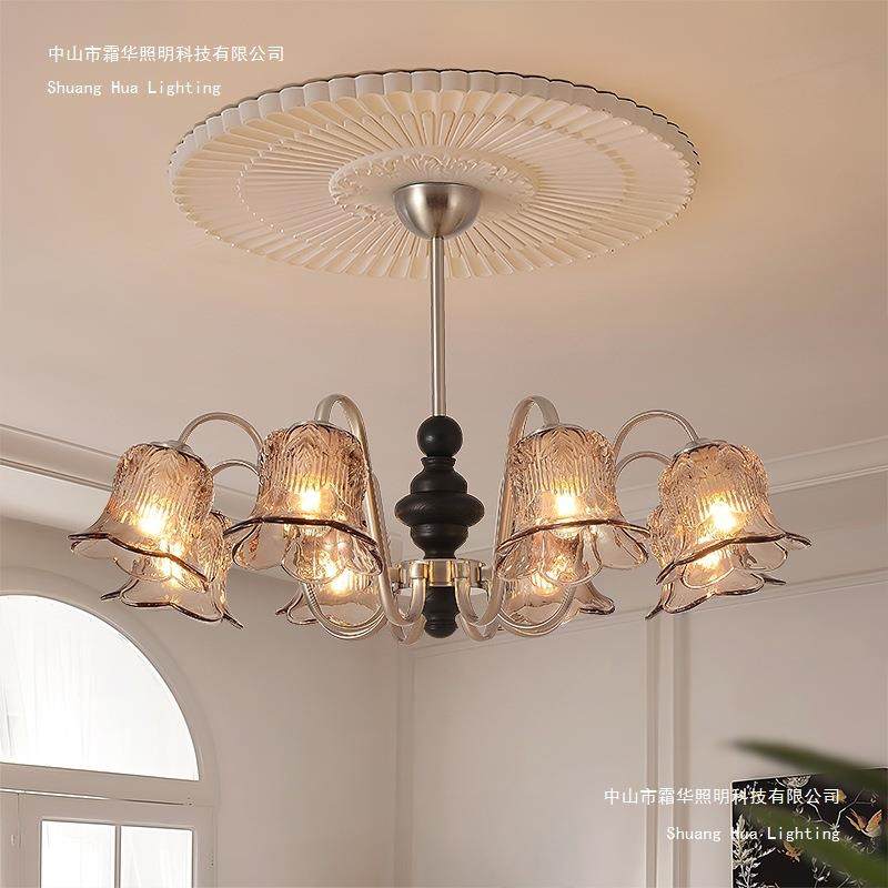 法式吊灯中古风客厅灯2025新款美式复古餐厅卧室琥珀色玻璃吊灯