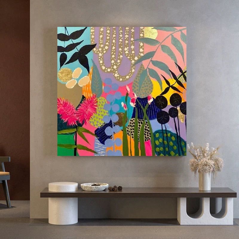 小众艺术抽象手绘画彩色高级感涂鸦装饰挂画客厅玄关正方形壁画图片