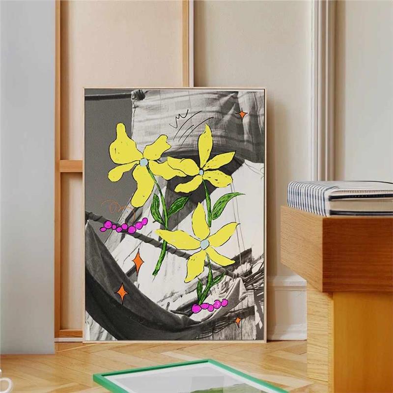 多巴胺餐厅背景墙装饰画入户客厅照片餐桌红色花卉小众艺术挂壁画图片