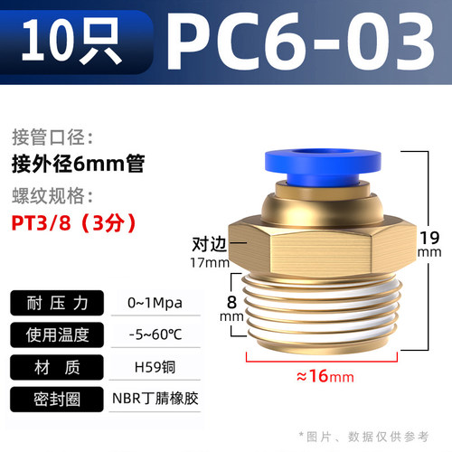 气管接头快速接头PC8-02快插气动配件螺纹直通2分外丝6气嘴气源10