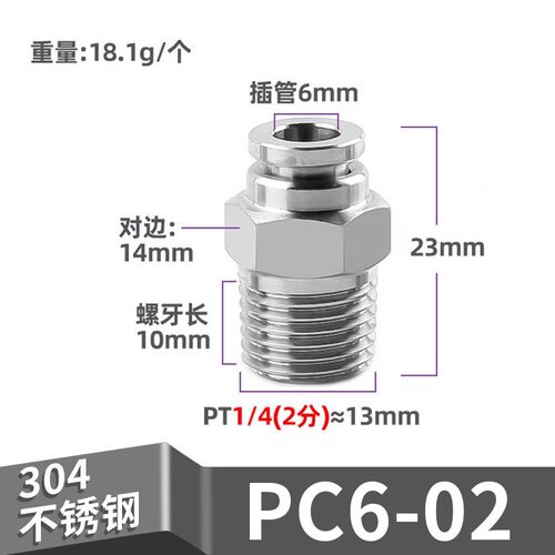 气管快速接头304不锈钢快插螺纹直通变径PG弯头PL高压气嘴PC8-02