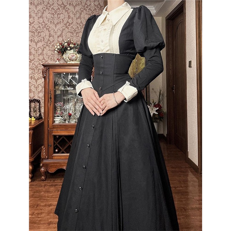 暗黑泡泡龙系列经典黑白配色长袖套装 高腰长裙+黑白配色上衣套装