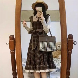 古着lolita格纹收腰韩系连衣裙修身学院风显瘦蝴蝶结假两件中长裙