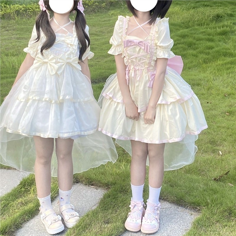 月光少女新款褶皱短袖贝壳蝴蝶结公主公主裙夏日倫夏洋装