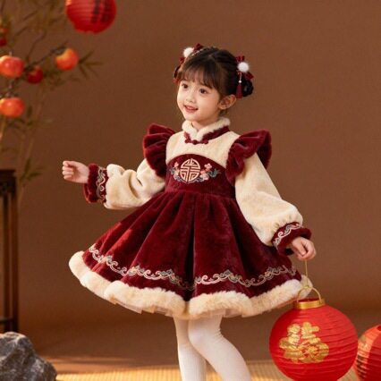 女童2025新款国风加绒洛丽塔公主裙宝宝生日洋气喜庆毛毛裙新年服
