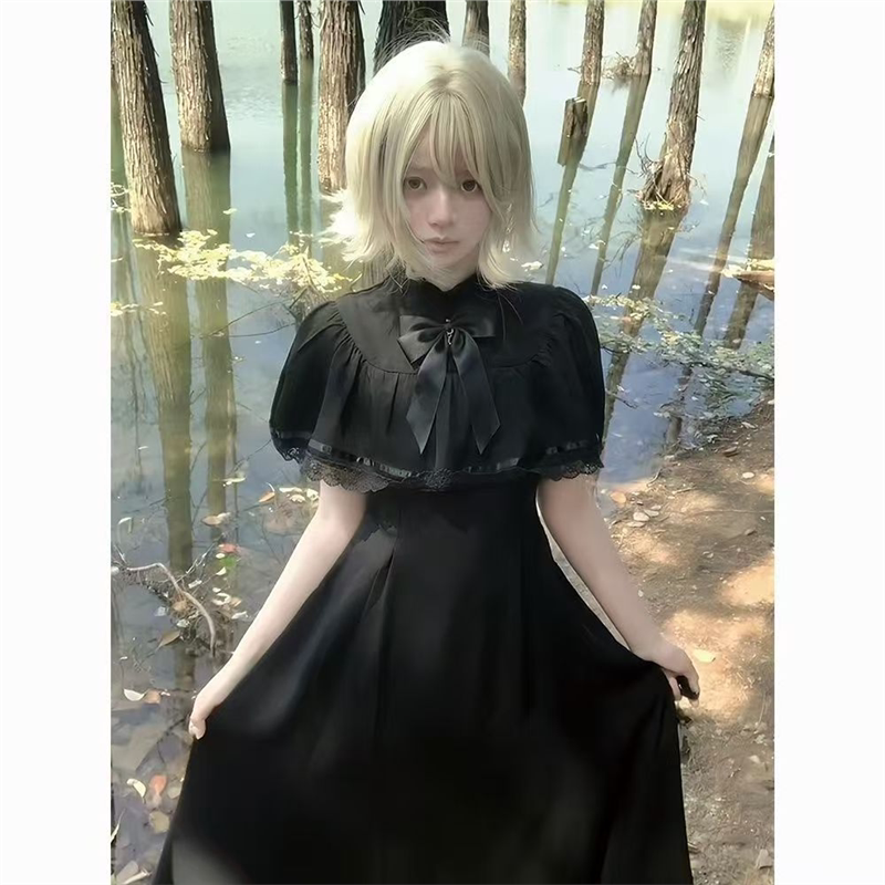 日系哥特风法式复古黑色显瘦斗篷 中长连衣裙cosplay