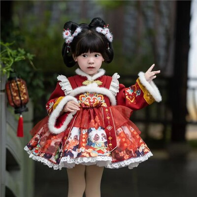 女童洛丽塔公主裙冬季新年衣服儿童熊猫拜年服女孩秋冬汉服连衣裙