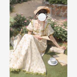 帝政款cla系复古优雅油画风绿色碎花方领小高腰长裙