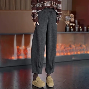 073妖服饰毛呢哈伦裤女2025秋冬加绒高腰九分裤花苞裤保暖灯笼裤