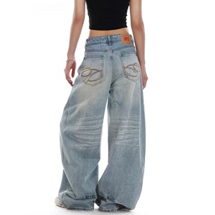 Fee1 Young服装店美式复古磨白弯刀牛仔裤女低腰百搭宽松阔腿裤