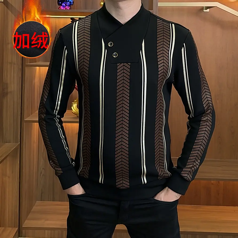 顿恒男装冬季加绒时尚潮流百搭围巾领男装修身条纹打底衫男士卫衣