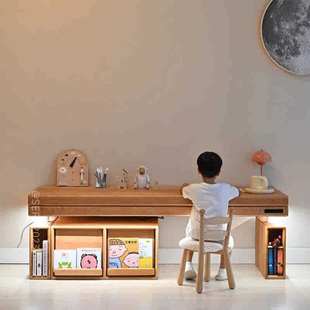 儿童实木书桌小户型飘窗桌子收纳柜一体桌可升降组合学习桌樱桃木