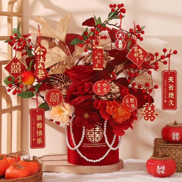 热销主卧客厅花束结婚福桶套装新婚礼物喜字订婚摆件婚房布置装饰