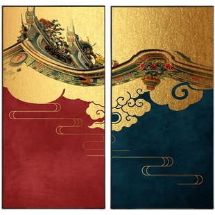 快速发货古典建筑客厅装饰画新中式玄关走K廊过道两联金箔挂画沙