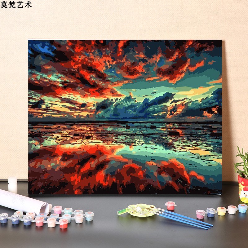 速发数字油画磨手充工填色消填时间红色朝霞风景画涂色丙烯油彩画
