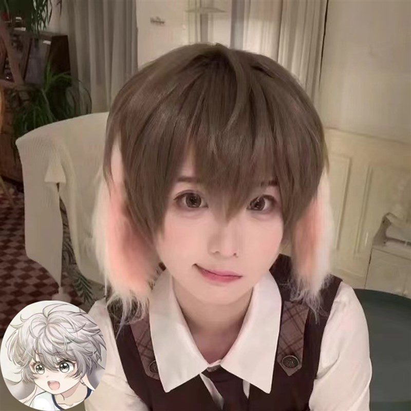 速发陆言假发执棕色感男浅直发人鱼陷落碎盖头垂耳短事全头套