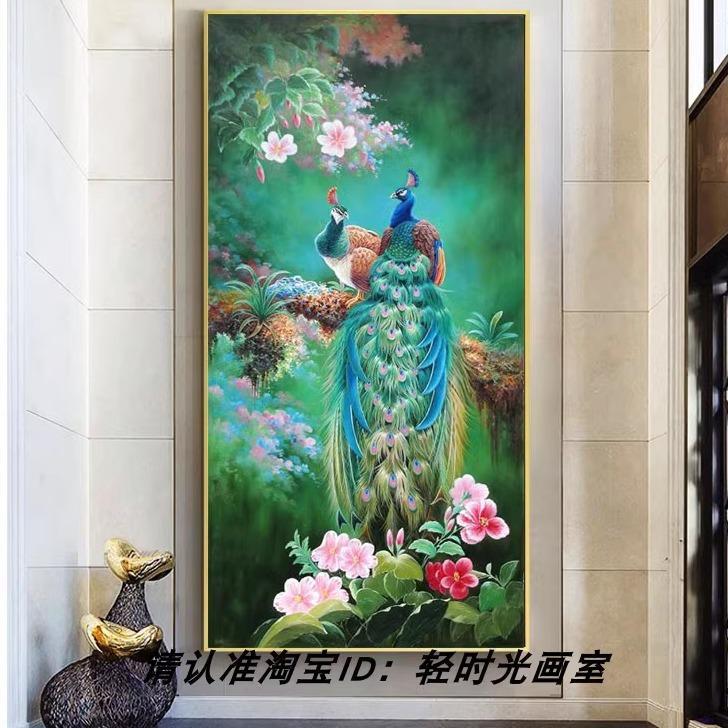 .玄关过道孔雀装饰画现代轻奢晶瓷画进门客厅走廊挂画招财高清壁图片