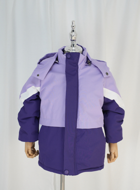 冲锋衣秋冬加绒加厚一体棉服幼儿园儿童班服保暖紫色拼色冲锋衣