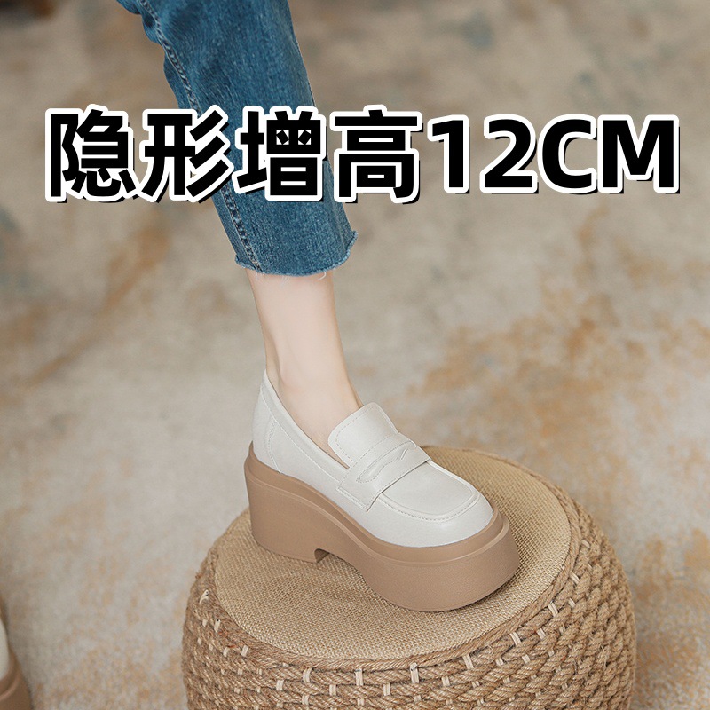 12cm超高跟小皮鞋女内增高松糕厚底一脚蹬鞋子英伦风乐福鞋单鞋