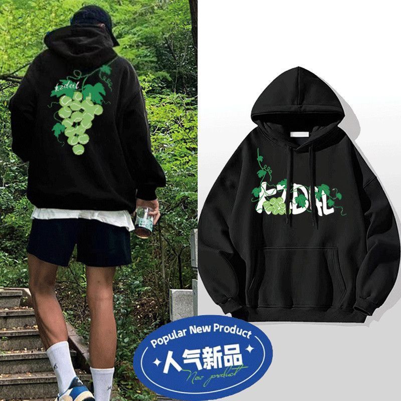 潮流重磅葡萄网球印花连帽情侣加厚套头卫衣男女秋冬宽松上衣外套