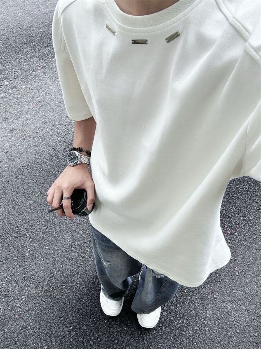 美式简约vibe潮牌白色短袖t恤男夏季重磅纯棉凉感宽松半袖上衣服