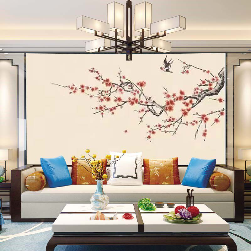 无缝刺绣壁布花鸟梅花红梅新中式电视沙发客厅餐厅背景墙布壁布