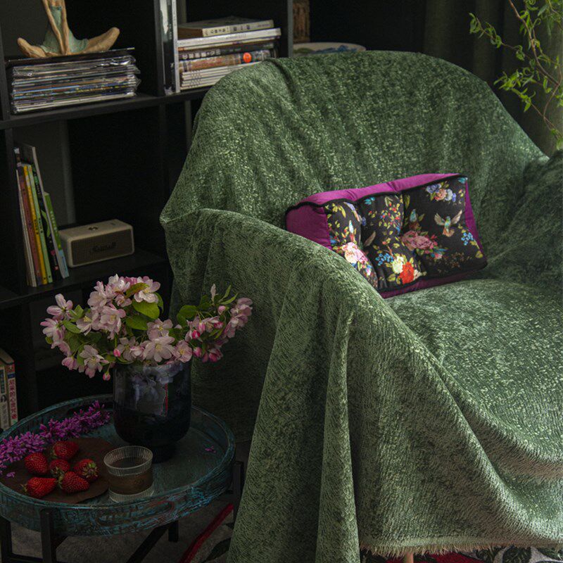 精选复古绿色大尺寸沙发毯厚耐磨防猫抓法式单双雪尼尔沙发毛巾