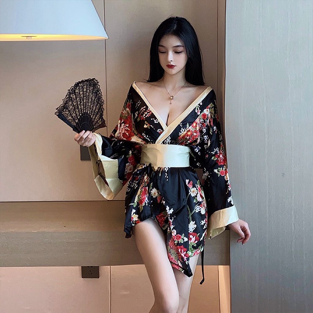 睡裙和服性感睡衣情侣趣味制服情取开叉不规则印花新款日系连衣裙