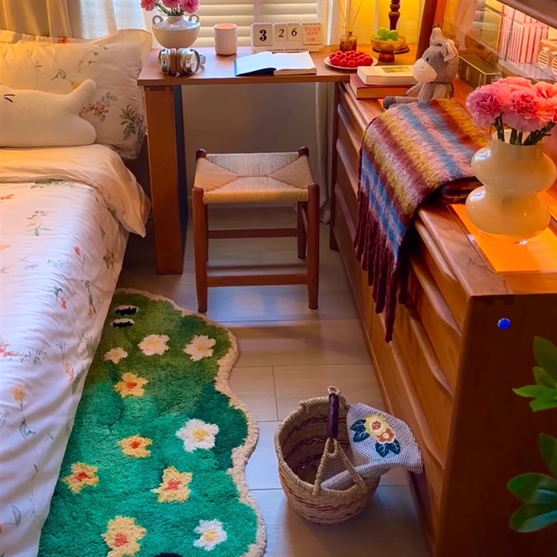 苔藓地毯卧室地毯l灌木花丛保暖床边毯家用房间装饰防滑植绒地毯