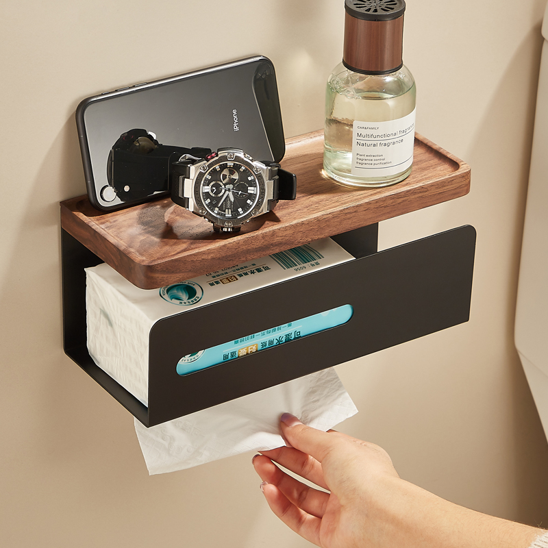 实木抽纸盒免打孔置物架卫生间卷纸架浴I室纸巾盒厕所壁挂式纸巾