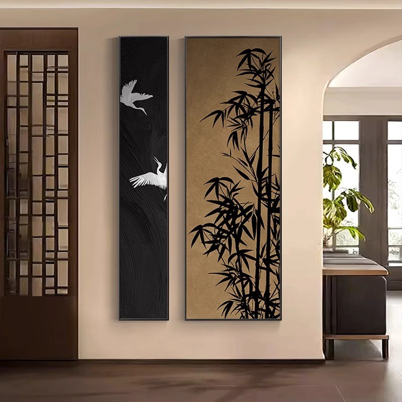 新中式竹子玄h关装饰画日式侘寂风茶室挂画寓意好仙鹤走廊过道壁图片