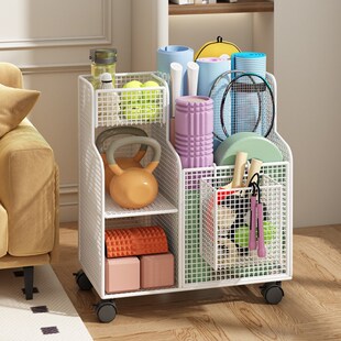 瑜伽垫收纳筐家用运动健身器材收纳架子带轮哑铃羽毛球夹缝置物架