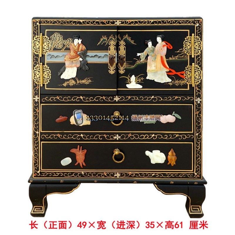 漆器骨石镶嵌人物多色双门双抽床头装饰柜 扬州漆艺实木古典家具
