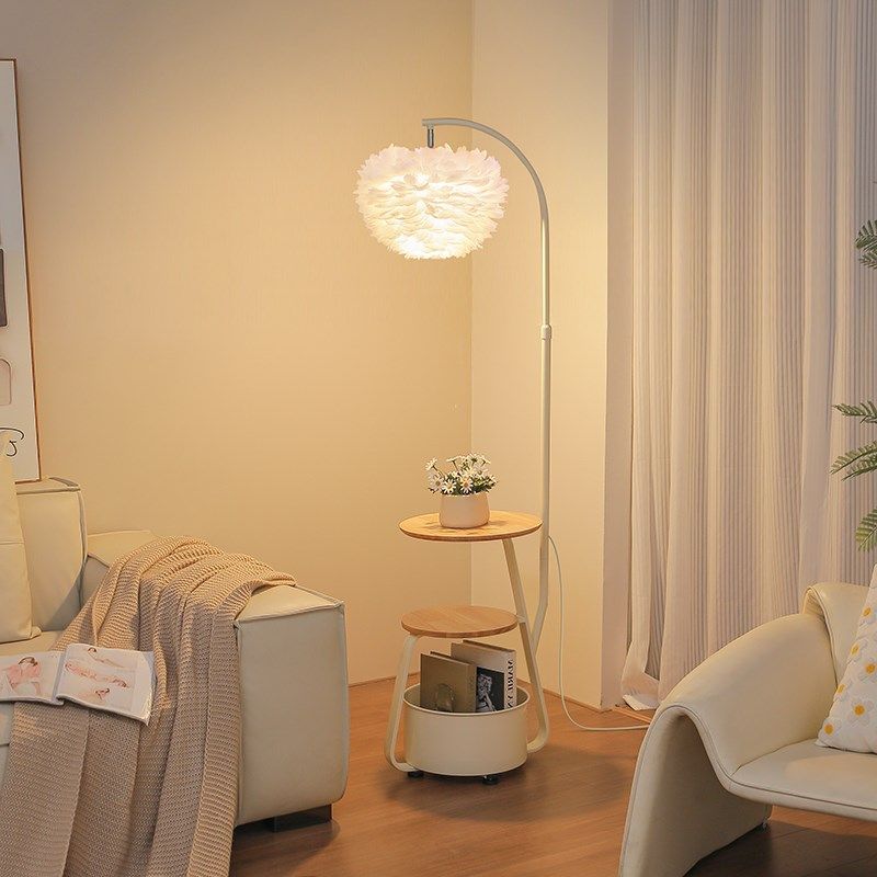 奶油风羽毛落地灯客厅沙发边旁几置物架装饰摆件氛围感卧室床头灯,家装灯饰光源,置物功能落地灯,淘宝优惠券,粉丝福利购,淘宝优惠卷