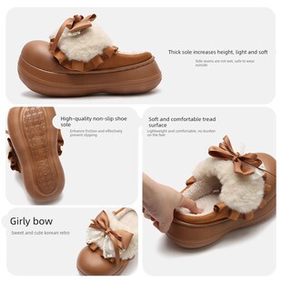 细细条 女防滑甜美洛丽塔蝴蝶结棉拖鞋可爱外穿厚底毛毛拖鞋冬季