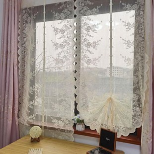 2024新款奶油风免打孔客厅窗帘隔断厨房短帘网纱帘浪漫法式罗马帘