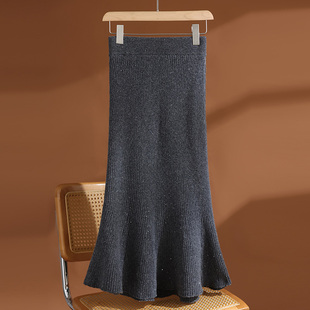 灰色高腰显瘦100纯羊毛半身裙女秋冬新款高级感包臀鱼尾长款裙子