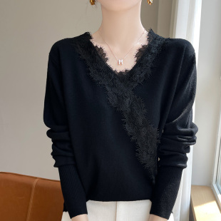 超柔软蕾丝V领羊毛毛衣女内搭秋冬新款软糯宽松洋气纯白色打底衫