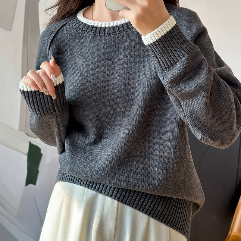 慵懒风圆领棉线针织衫女套头撞色宽松毛衣秋冬新款高级感打底衫