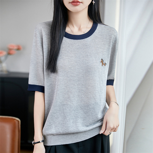 2026新款拼接刺绣针织短袖t恤女夏季薄款冰丝针织衫大码女装上衣