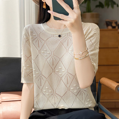 冰丝短袖t恤女夏季大码宽松遮肚子打底上衣胖妹妹镂空针织衫薄款