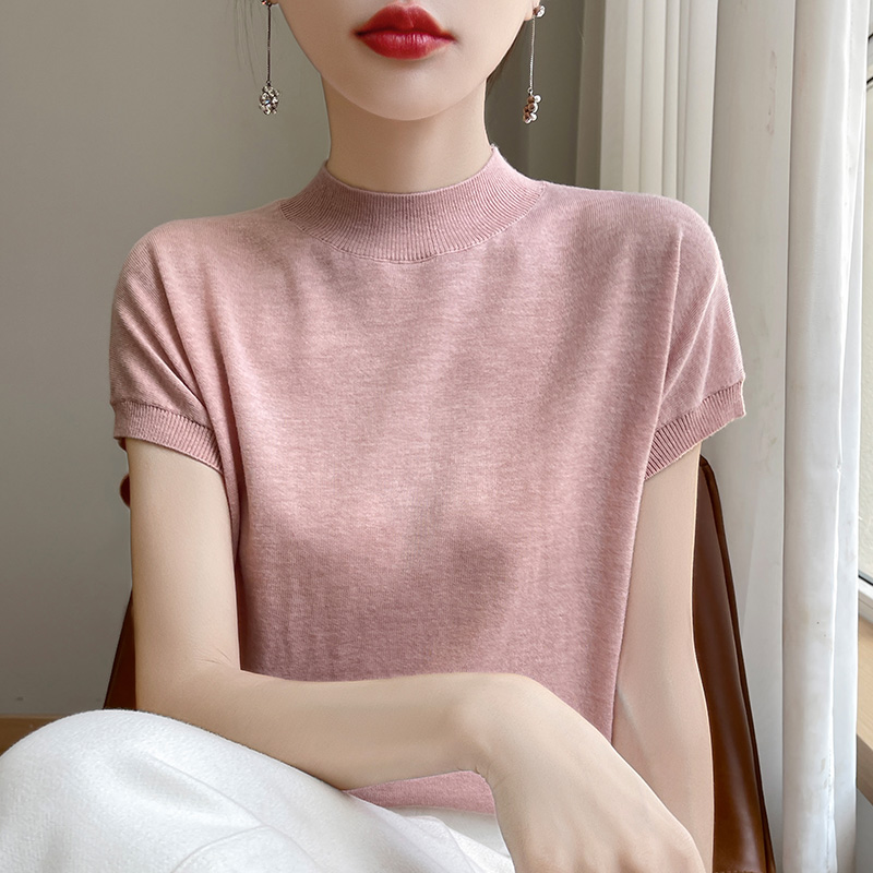 半高领精仿羊毛针织短袖女春夏秋宽松纯色显瘦气质简约打底T恤衫