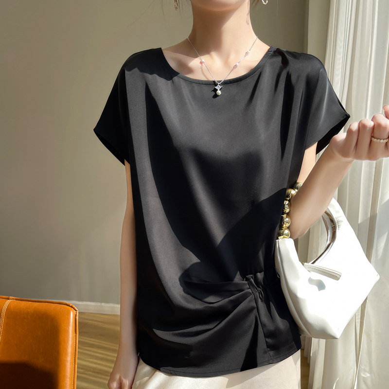 t恤百搭圆领真丝漏肩短款女短袖宽松小衫24夏新款高端桑蚕丝上衣
