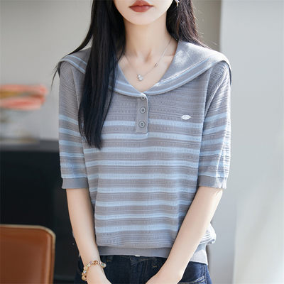 2026新款海军领条纹短袖t恤女夏季薄款冰丝针织衫大码女装上衣