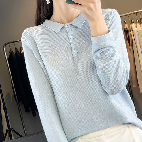 秋冬POLO领针织长袖T恤女宽松气质设计感上衣翻领百搭显瘦打底衫
