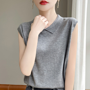 亲肤小翻领马甲背心精仿针织打底衫女法式飞袖POLO领叠穿坎肩上衣
